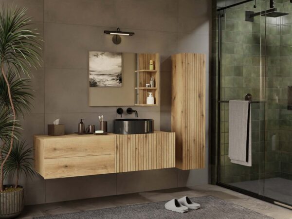 Wastafelmeubel Z2139 1D2S – 140 × 37,5 × 53 cm – Evoke eiken – 2 laden – hangend – geribbeld front – zonder wastafel - afb...