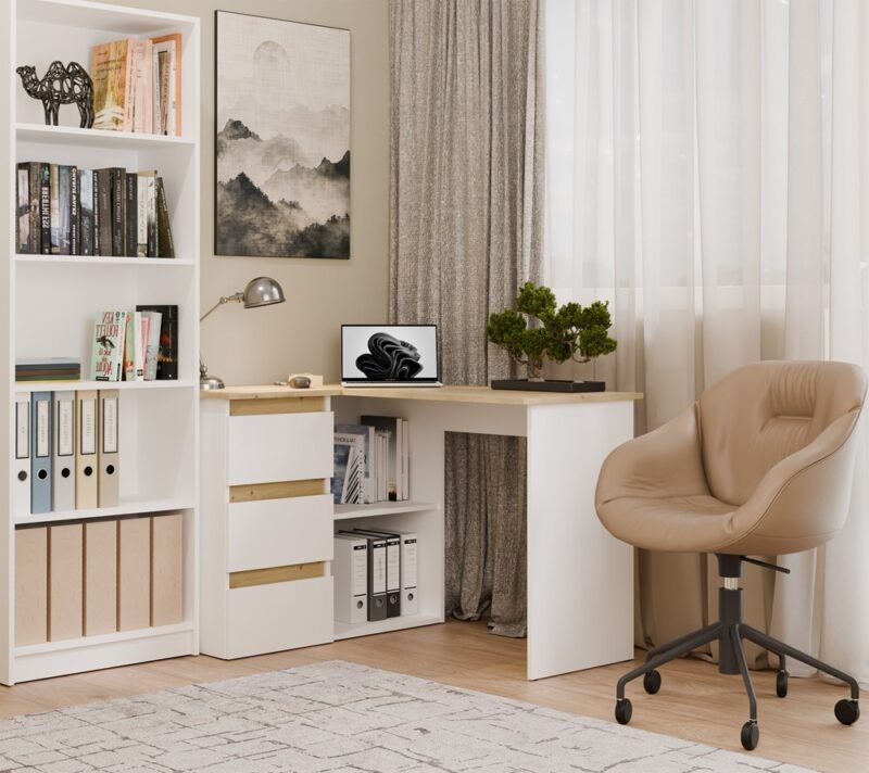 NICEAL2 Bureau C5059 met 3 laden – 120 × 75 × 48,5 cm – Wit/Artisan eiken – Links - afbeelding 3
