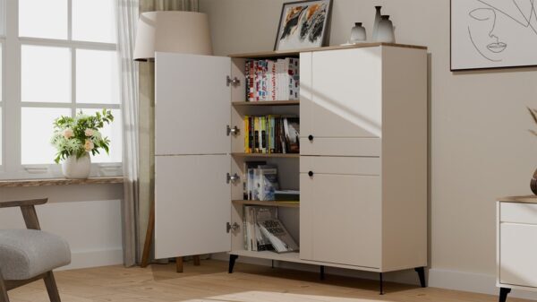 Dressoir C2984 4D – 123,5 × 135,5 × 40 cm – Castello eiken / Kasjmier beige – 4 deuren – 8 planken - afbeelding 2