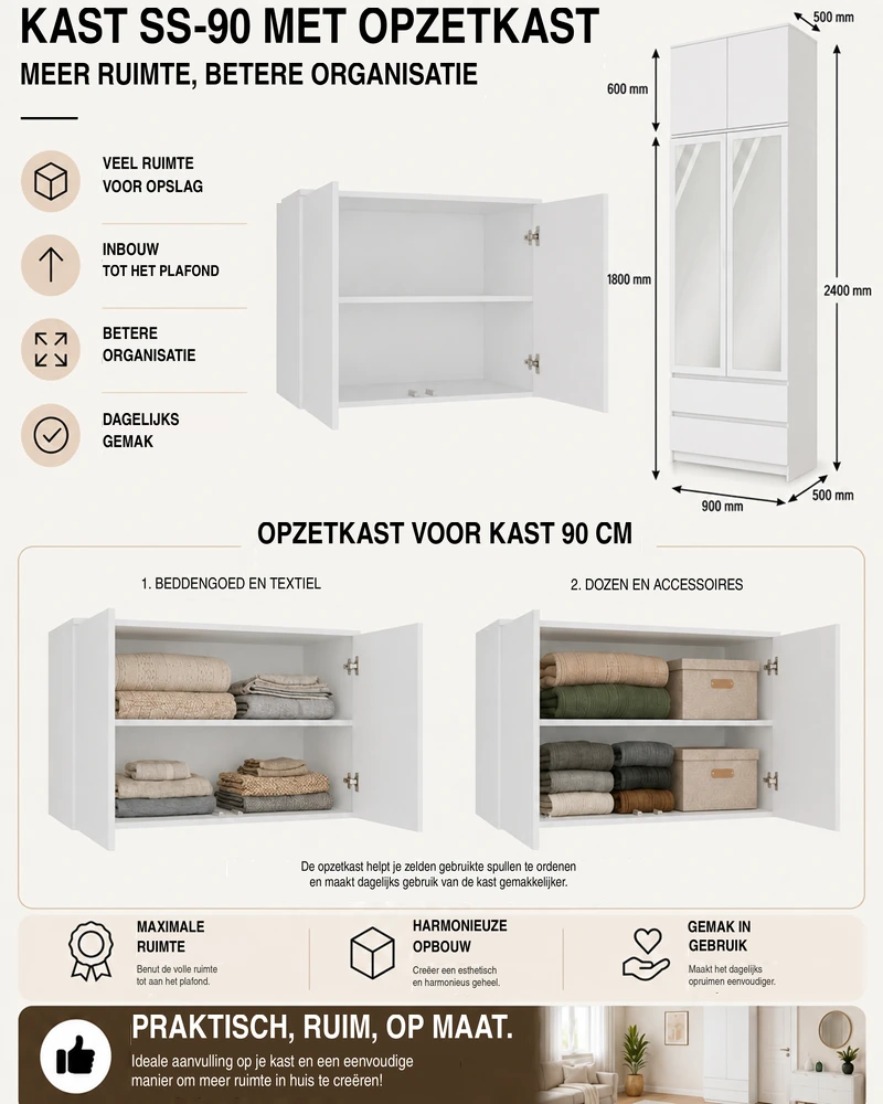 Kast SS-90 met opzetkast – wit Kledingkast SS-90 met opzetkast in wit, afmetingen en indeling